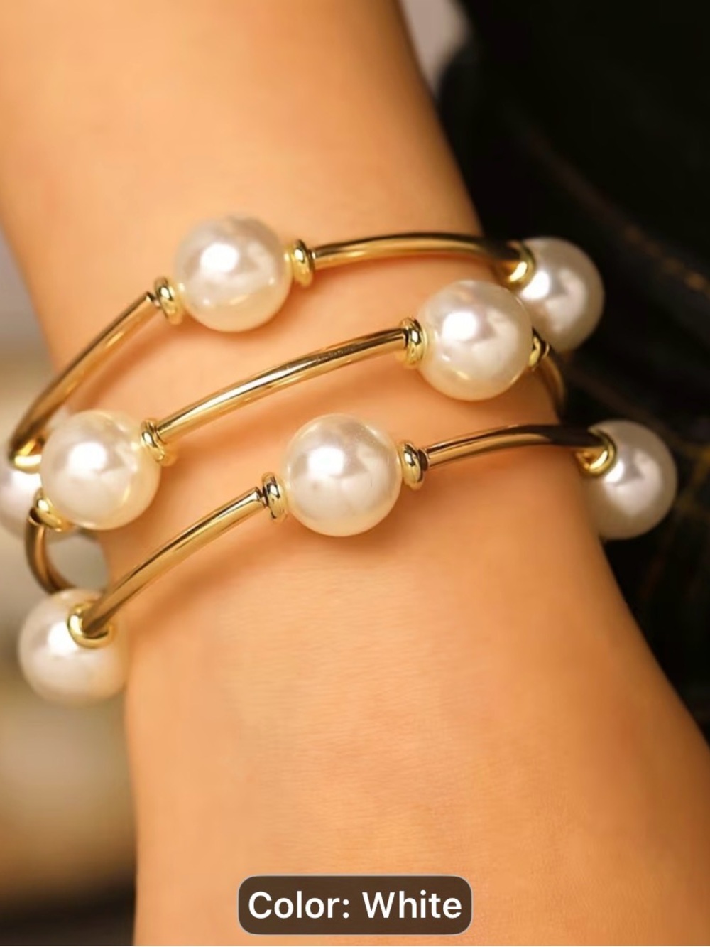 3PCS ABS STRETCH MULTI STACKABLEGold Pearl Accent Bangle Bracelet - White Pearls
